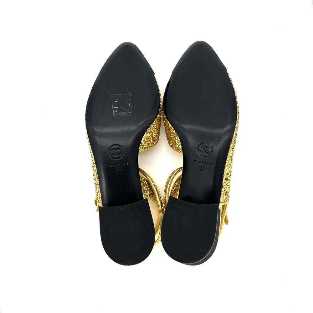 Chanel CC Logo Glitter and Grosgrain Cap Toe Slingback Platform Heel Pumps 37 - Picture 8 of 10